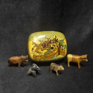 Noah's Ark Wooden Keepsake Box w. Hand Carved Animals Hippo Elephant Sheep Cow